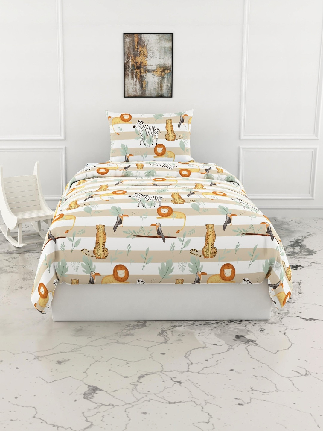 LORETO Multicoloured 144 TC Single Bedsheet with 1 Pillow Covers