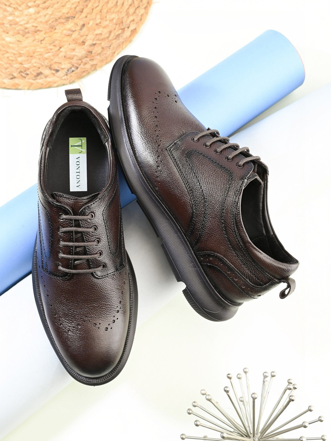 VONTONY Men Perforations Leather Brogues