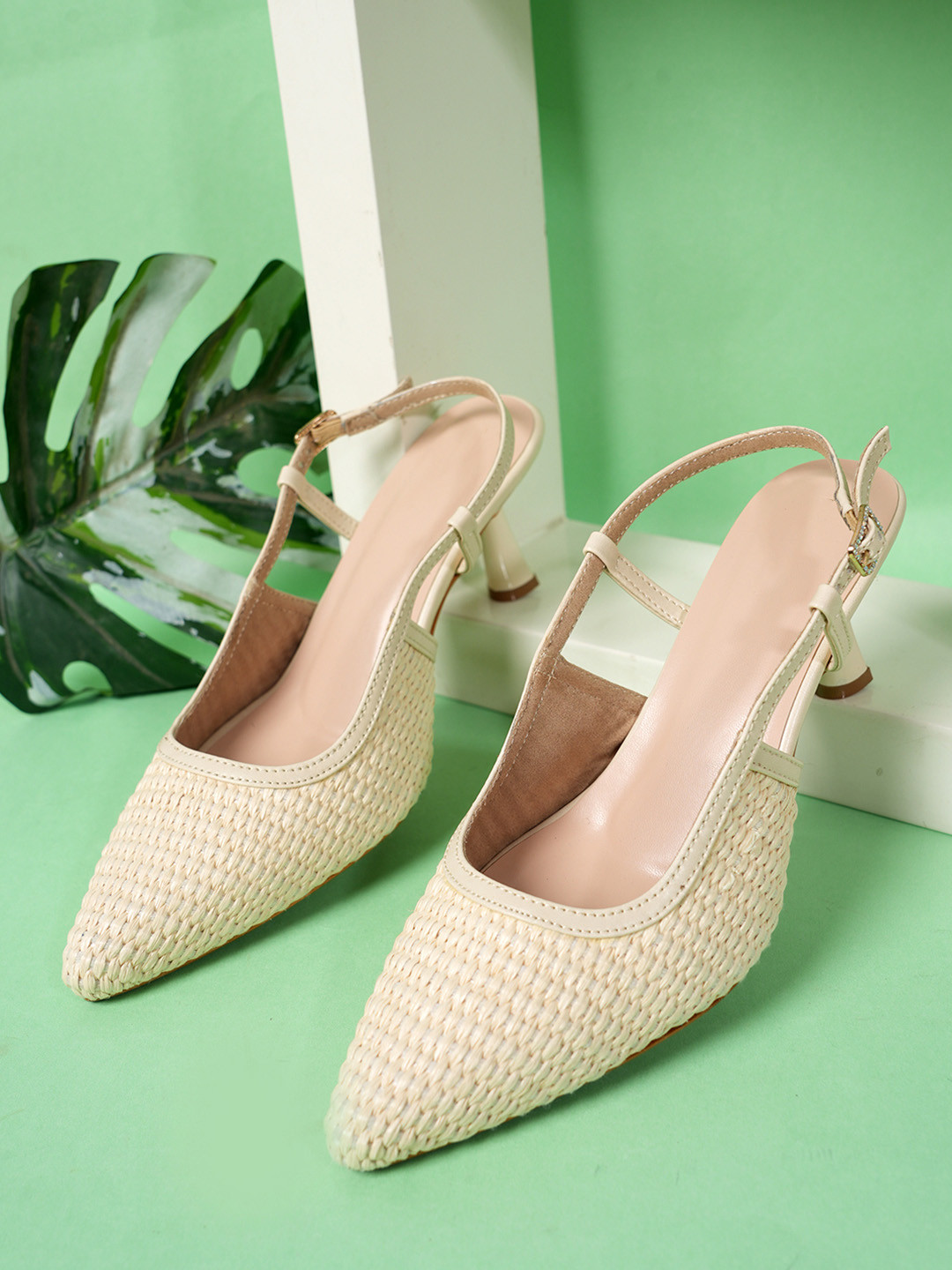 MOZAFIA Textured Laser Cuts Pointed Toe Block Pumps Heels