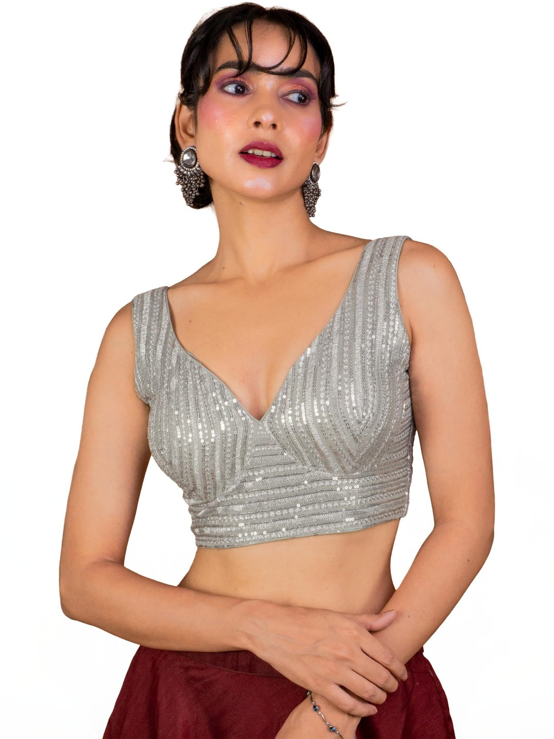 FIGURES DESIGNER Embroidered V-Neck Sleeveless Saree Blouse