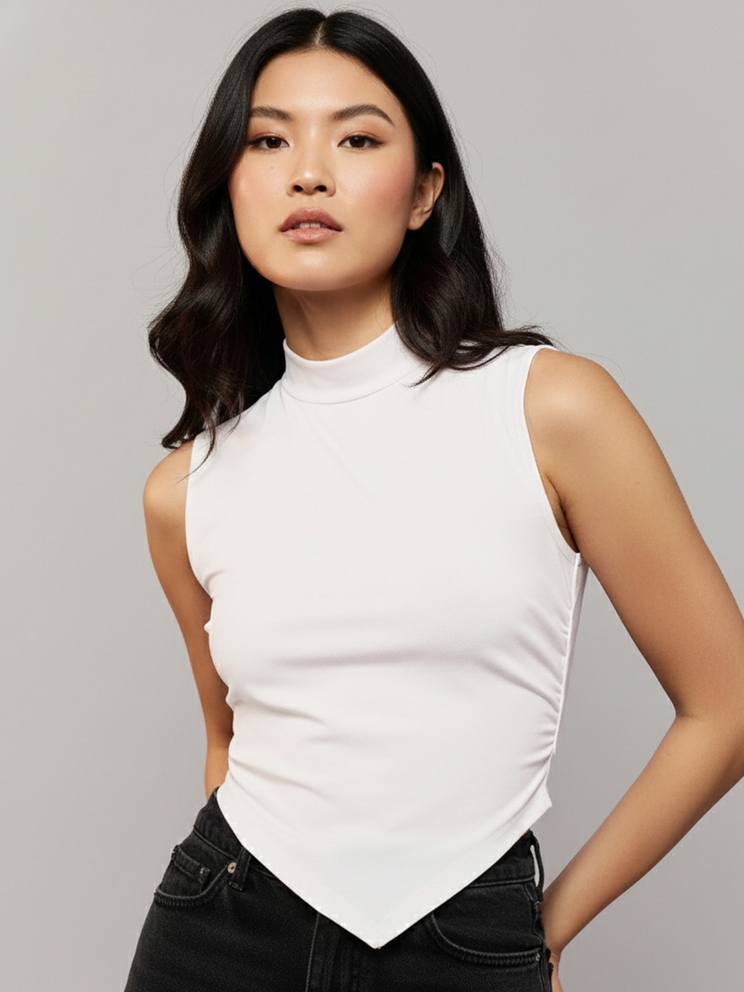 Outzidr Women High Neck Ruched Fitted Top