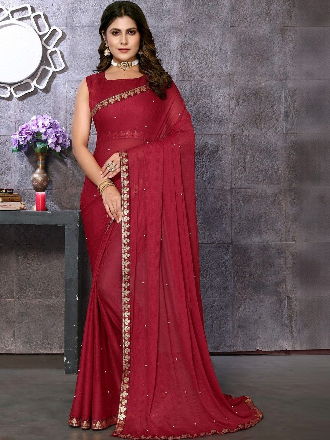 JANOI Embellished Beads and Stones Silk Blend Heavy Work Fashion Saree