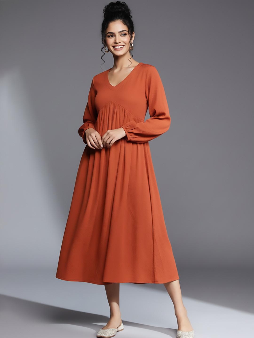 Varanga Rust Alia Cut Puff Sleeve A line Midi Dress