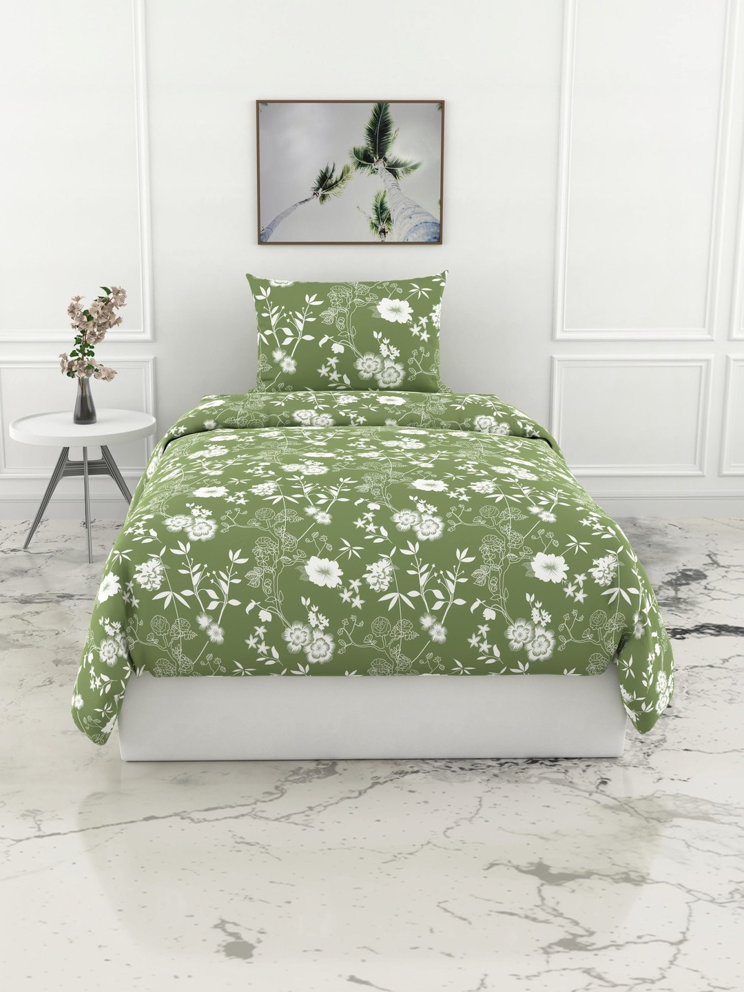 LORETO Green Floral 144 TC Single Bedsheet with 1 Pillow Covers