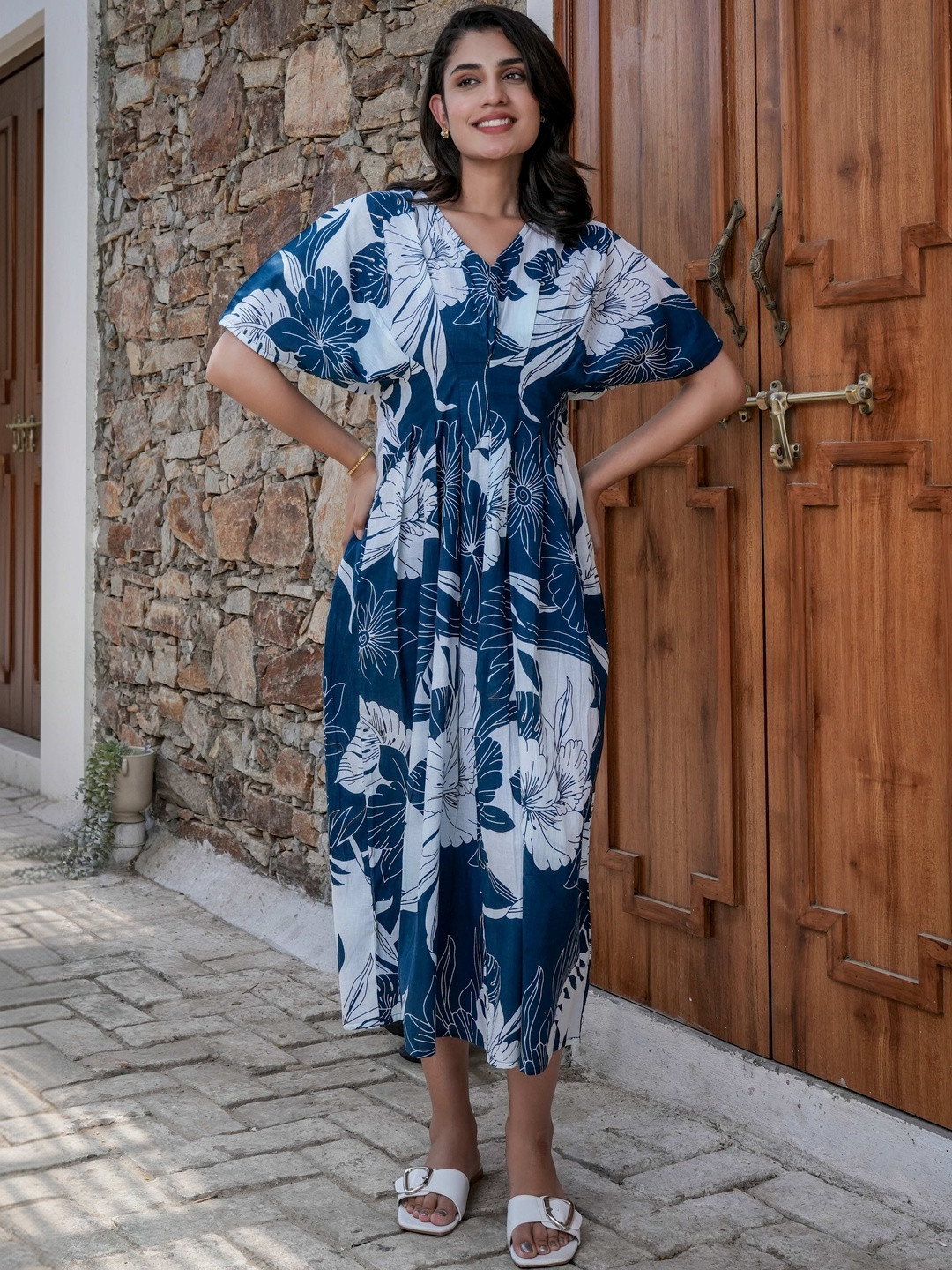 GAYRAA Floral Print Kimono Sleeve Fit & Flare Midi Dress