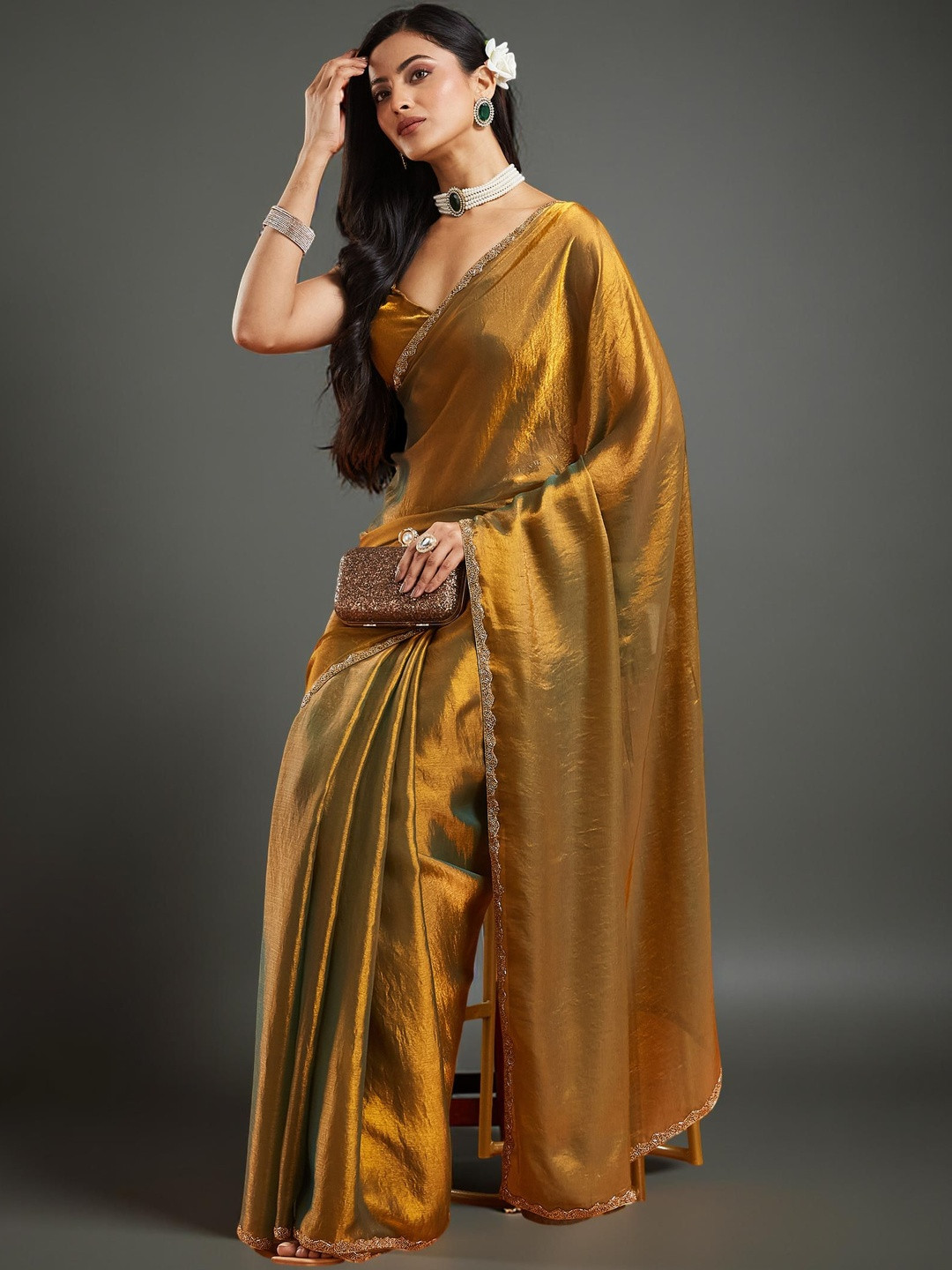 VEMEZ Beads and Stones Poly Chiffon Designer Tussar Saree