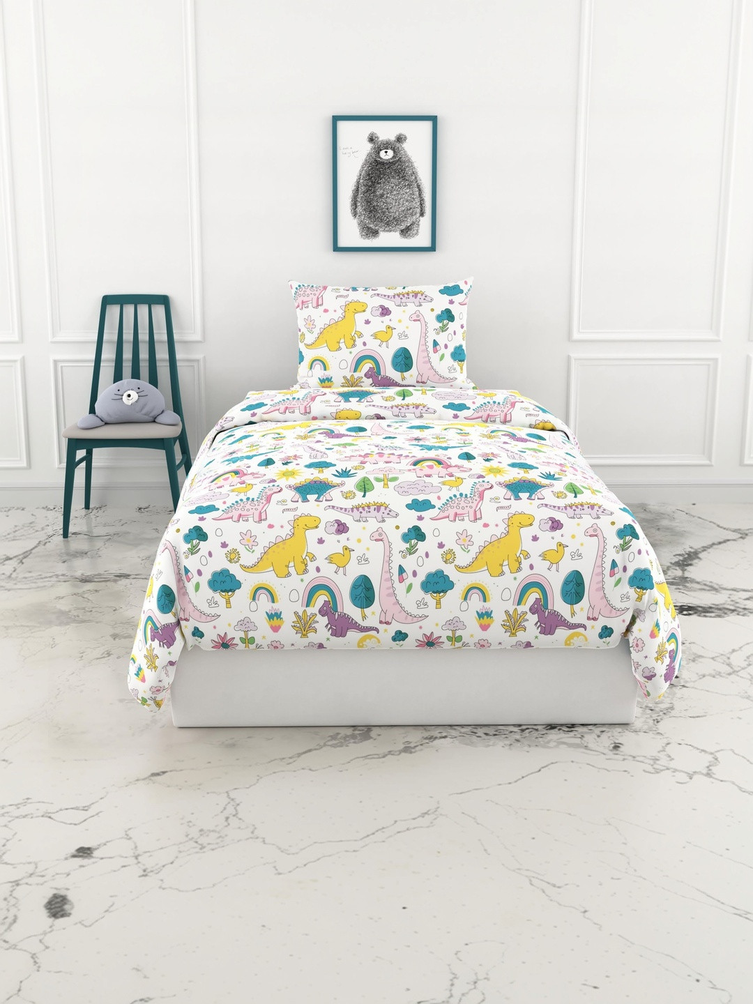 LORETO White Conversational 144 TC Single Bedsheet with 1 Pillow Covers