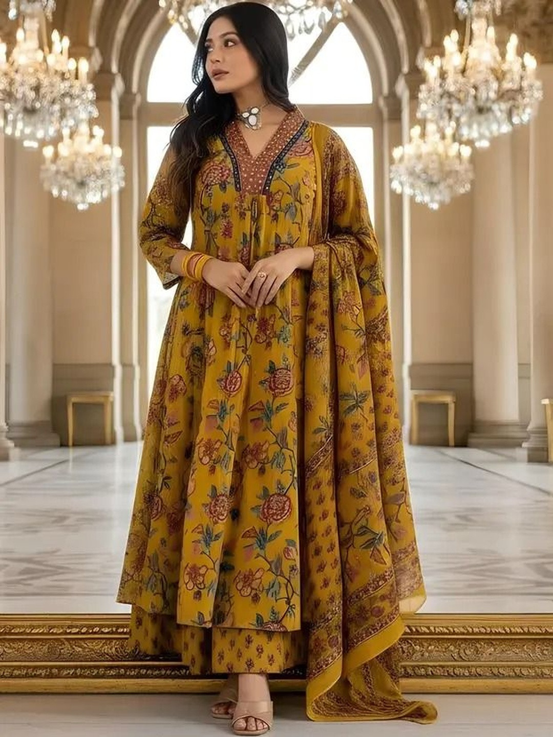 Badrika Women Floral Printed Empire Thread Work Pure Cotton Kurta with Palazzos & With Dupatta