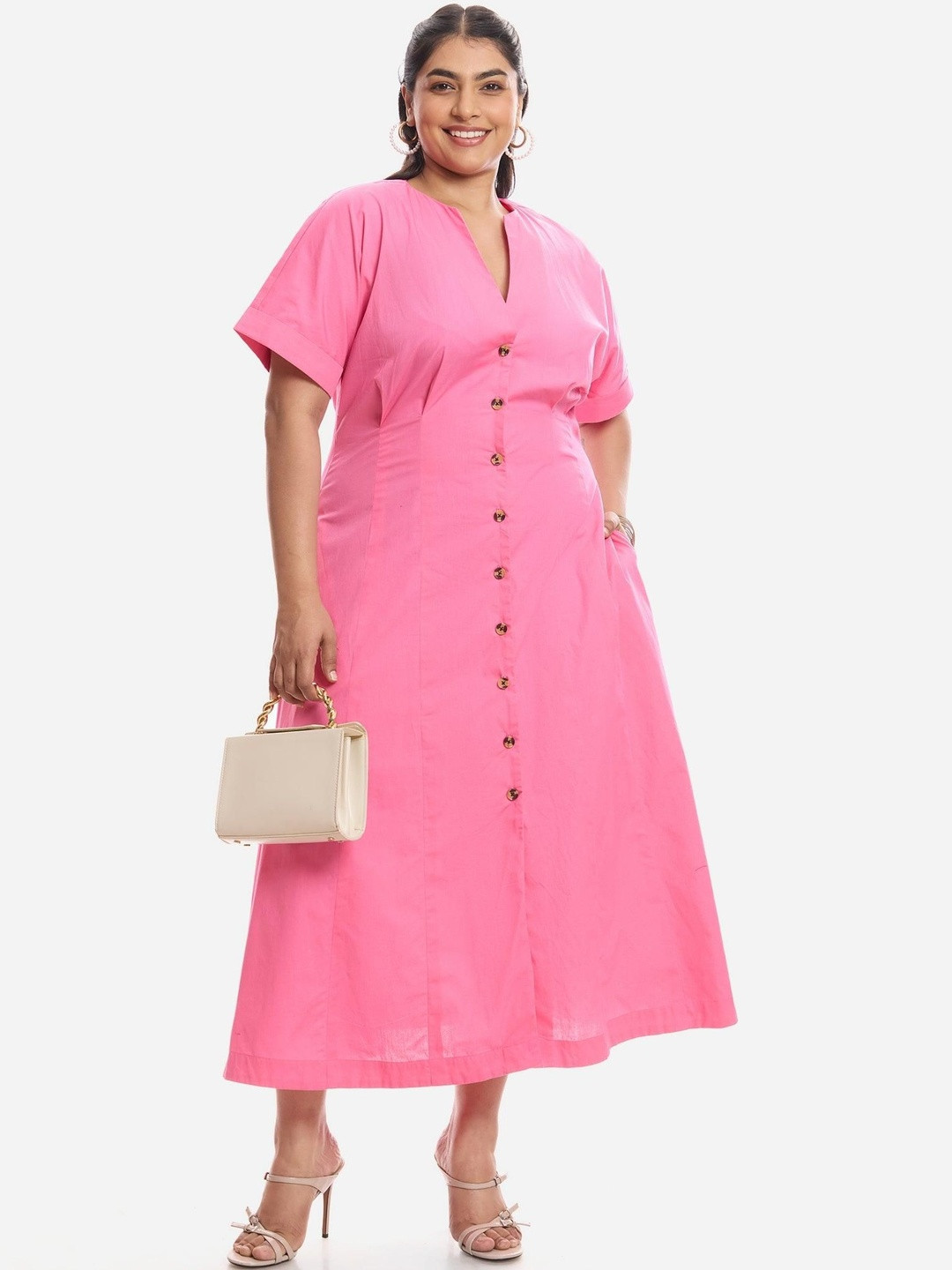 Virgio Solid Cotton V-Neck Short Sleeves Plus Size Maxi Dress