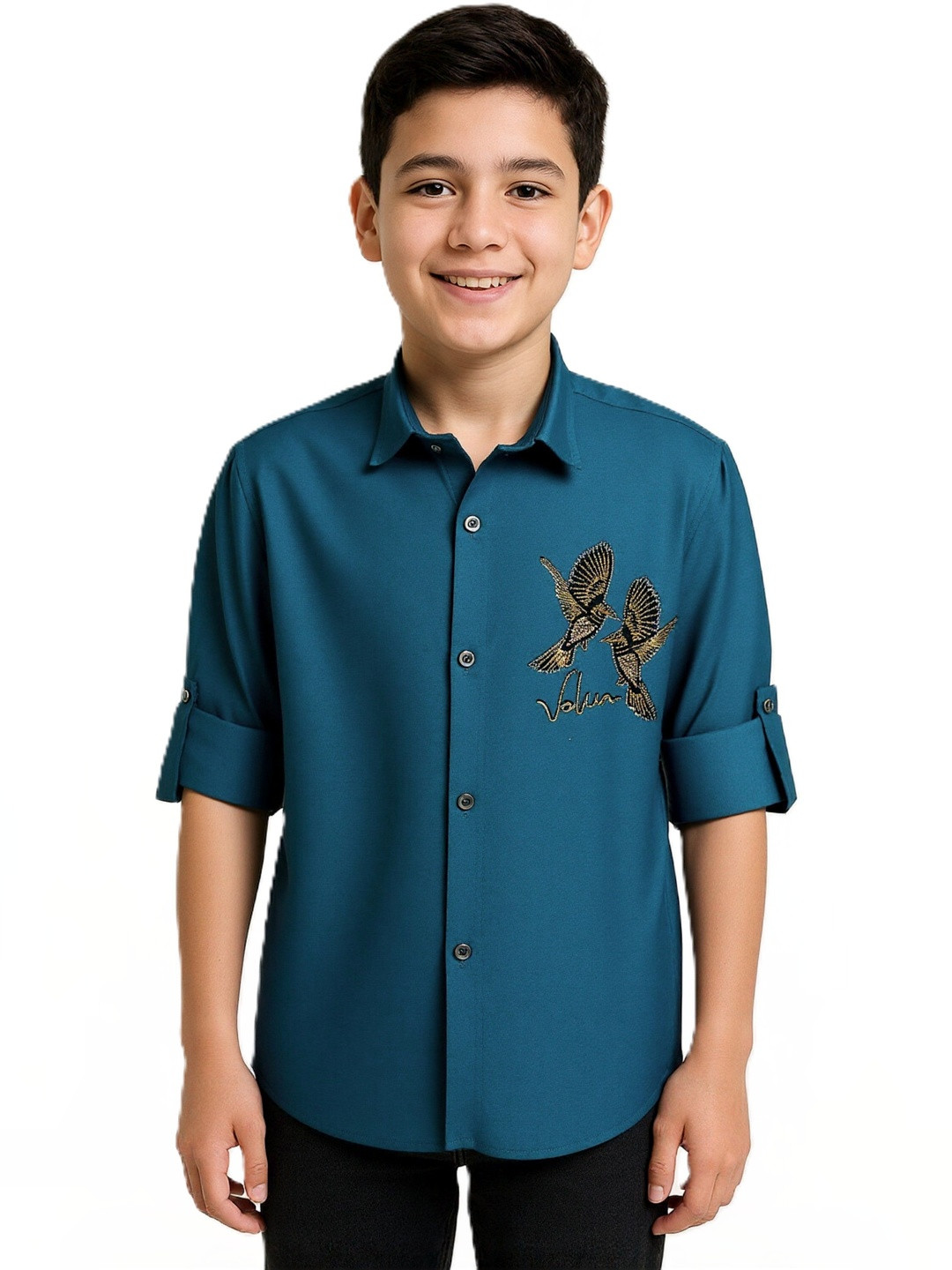 CHARCHIT Embellished Cotton Three-Quarter Sleeves Shirt