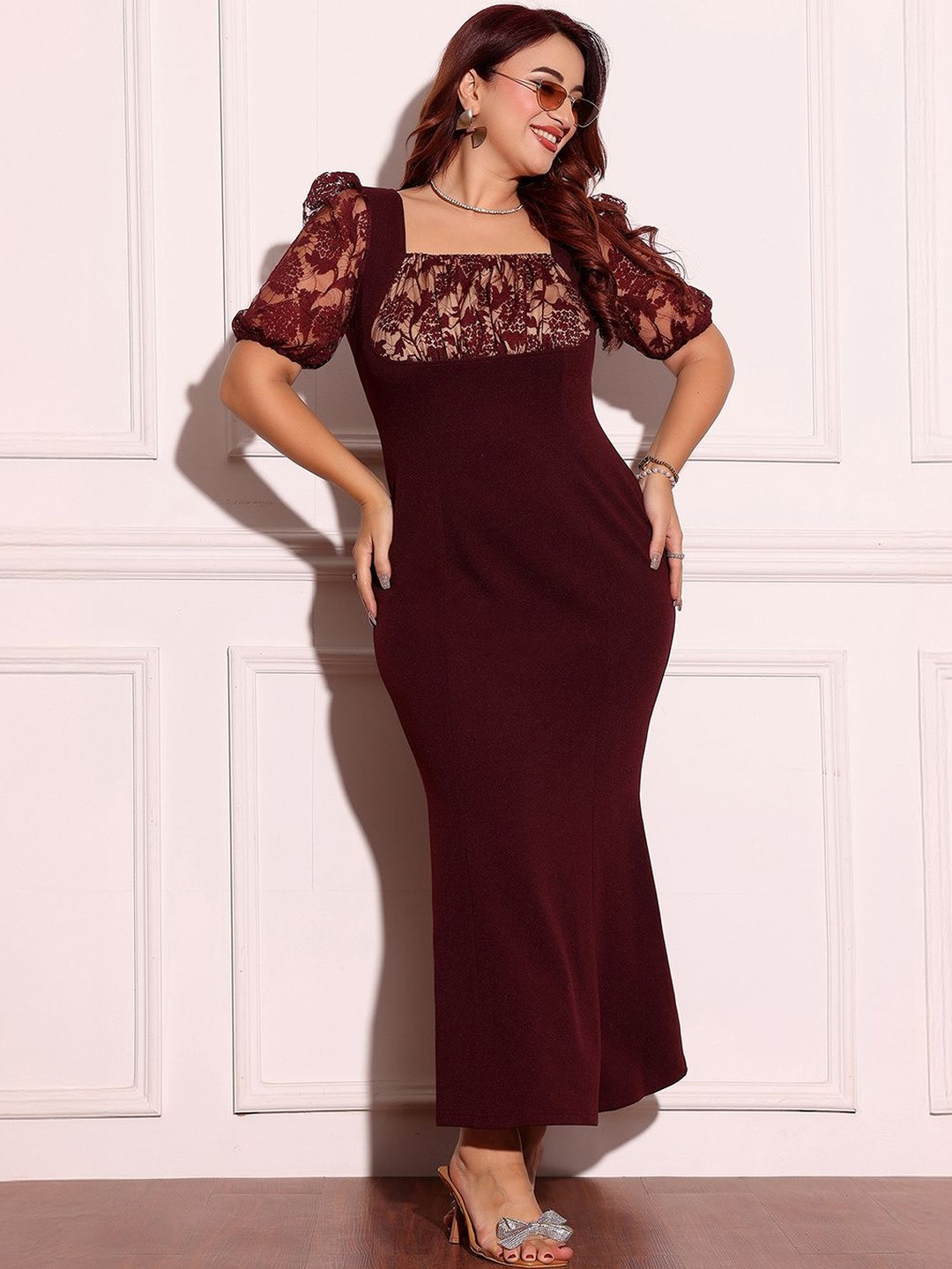 Miss Chase A+ Plus Size Women Square Neck Puff Sleeve Lace Overlaid Bodycon Midi Dress