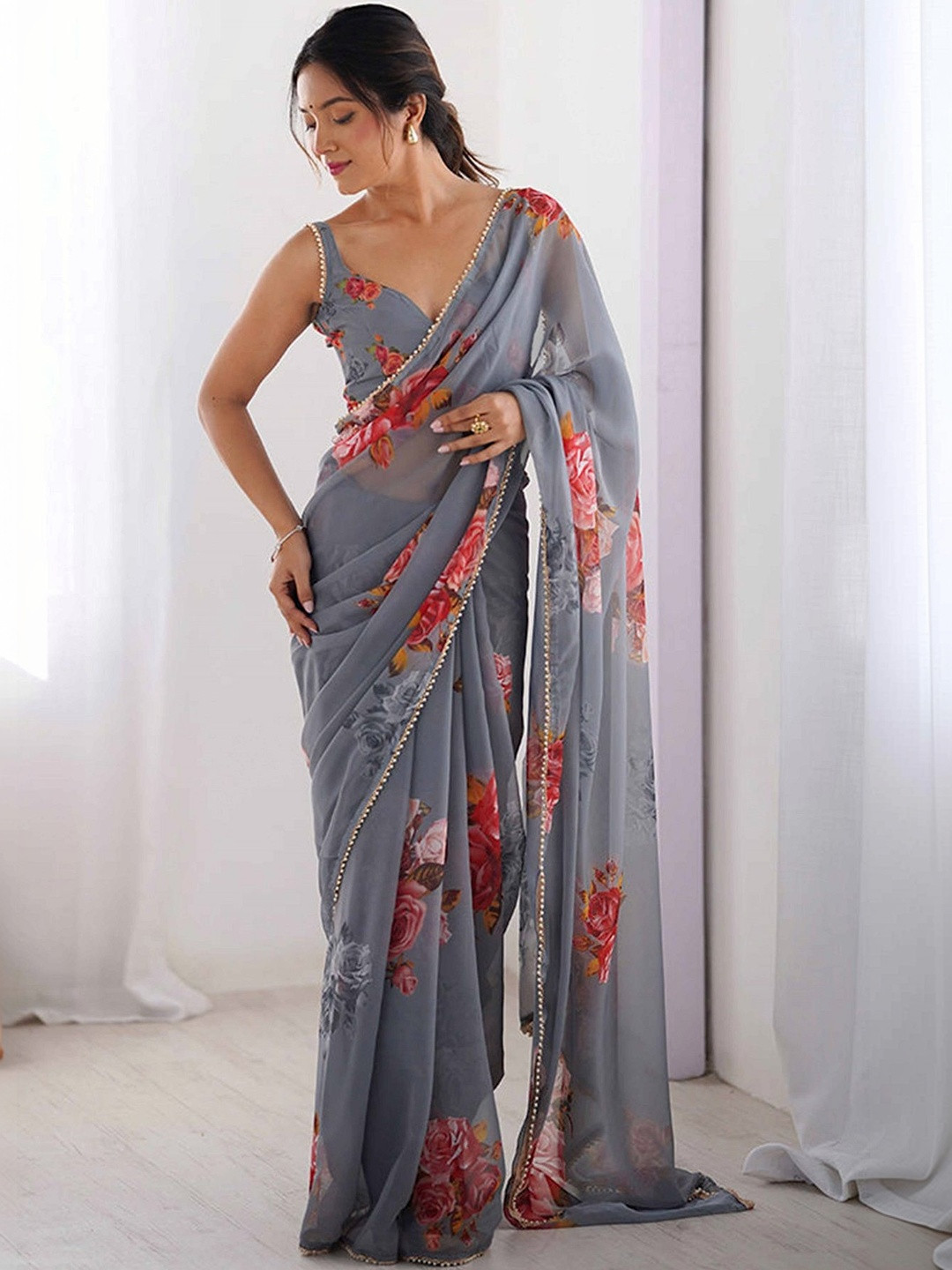 DWIJA FASHION Floral Mirror Work Poly Georgette Saree