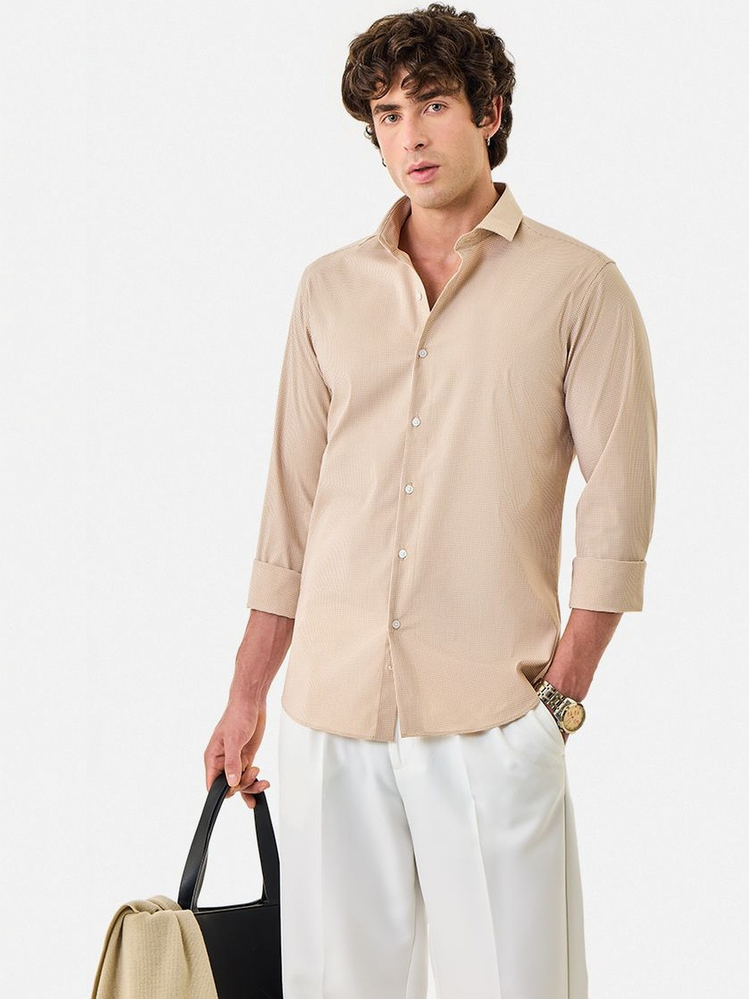 Snitch Micro Checks Cotton Long Sleeves Slim Fit Shirt