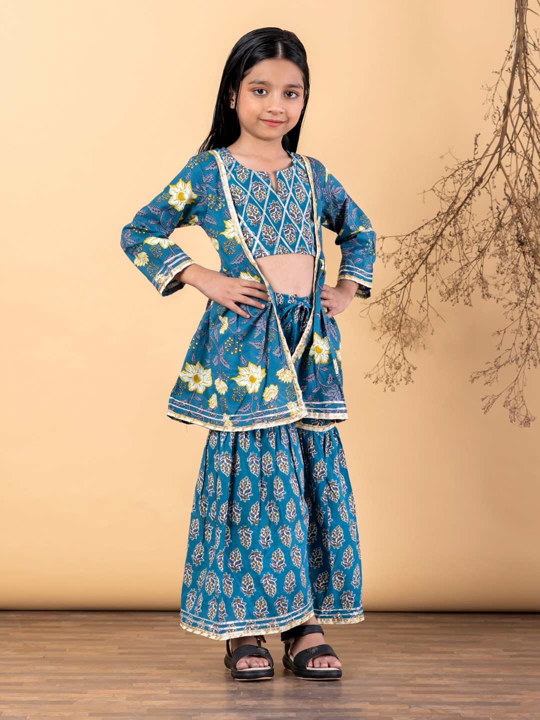 Readiprint Girls Floral Printed Layered Gotta Patti Pure Cotton Top with Sharara