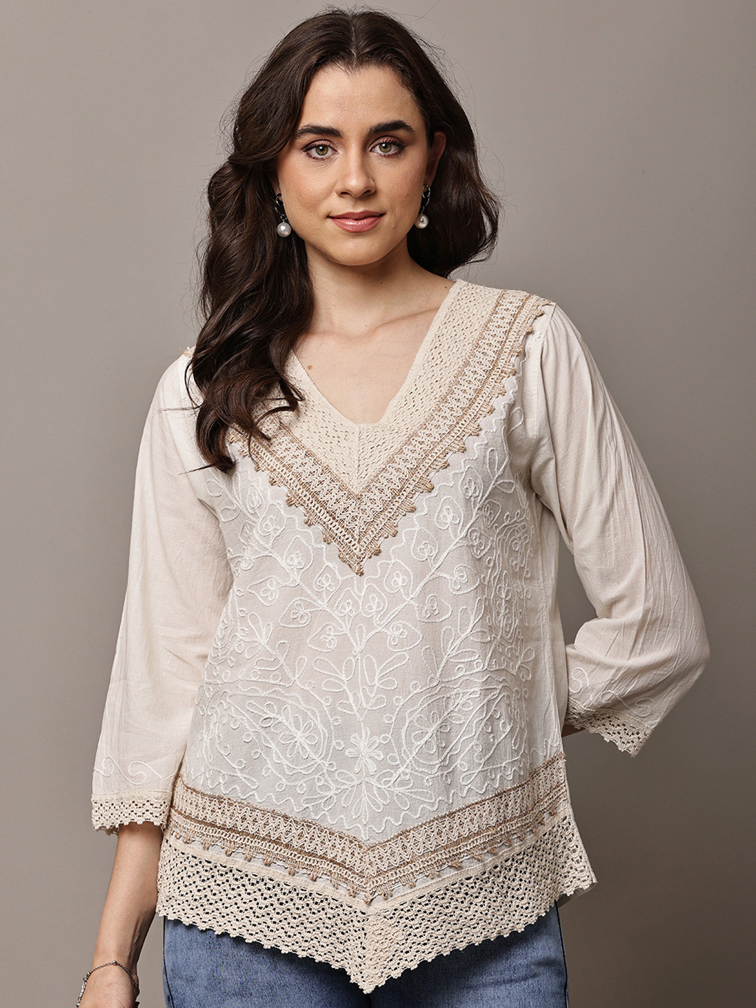 ZHOF Embellished Embroidered Bohemian Cotton Top
