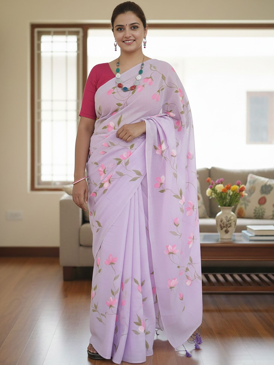 KALINI Floral Linen Blend Block Print Saree