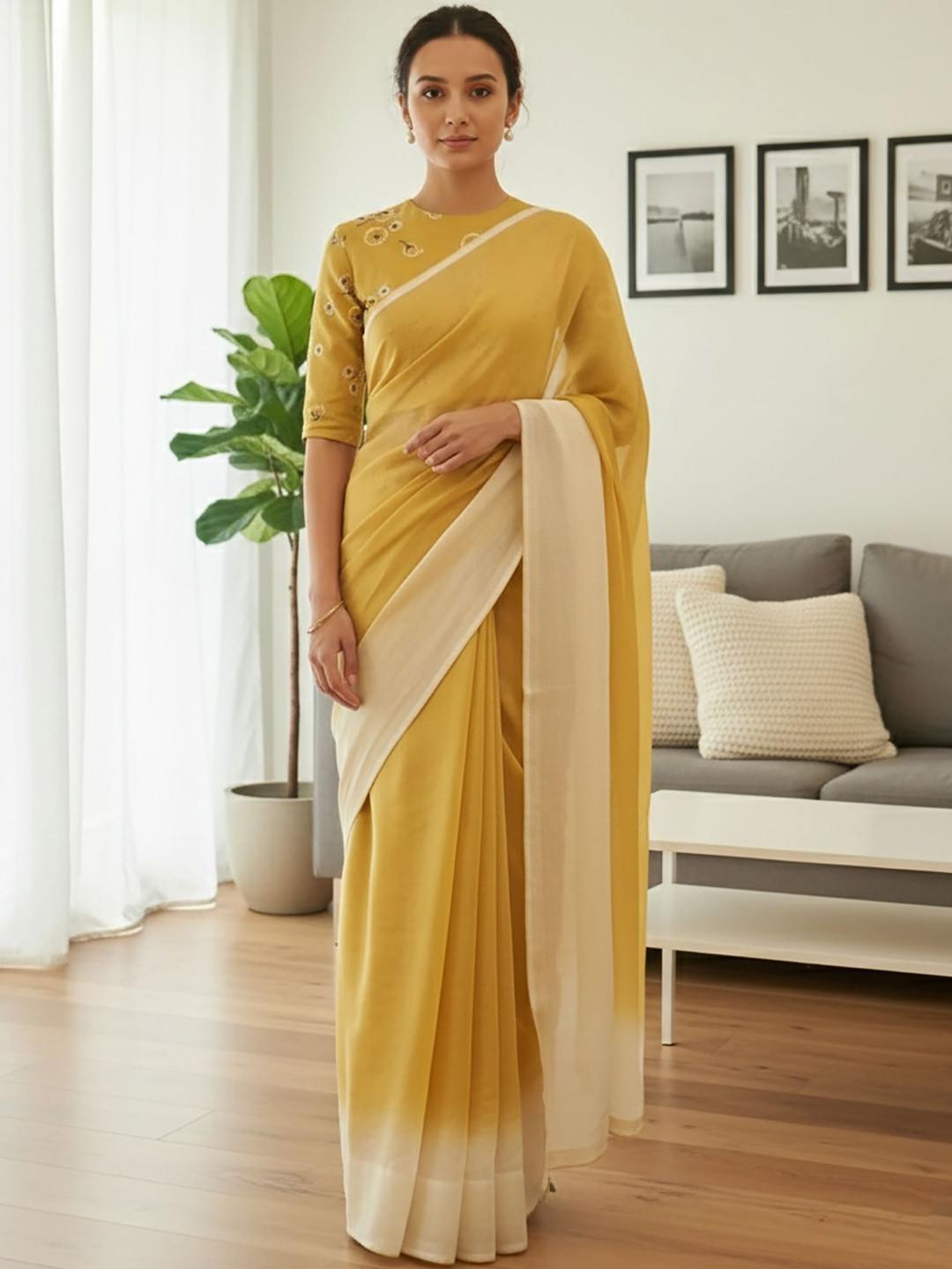 KALINI Embroidered Linen Blend Block Print Saree