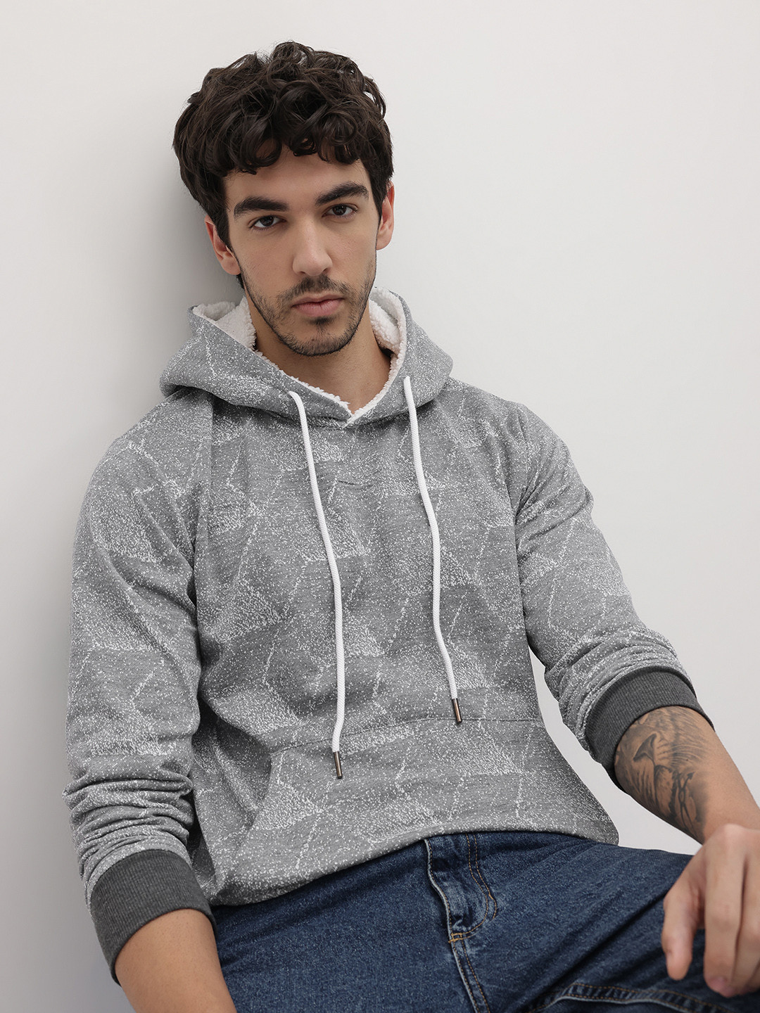 The Roadster Life Co. Geometric Self Design Hooded Fleece Sweatshirt