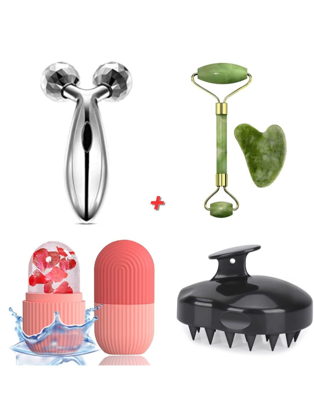 Oldglory Set Of 5 Face Roller Jade Roller Gua Sha 3D Face Massager & Scalp Massager