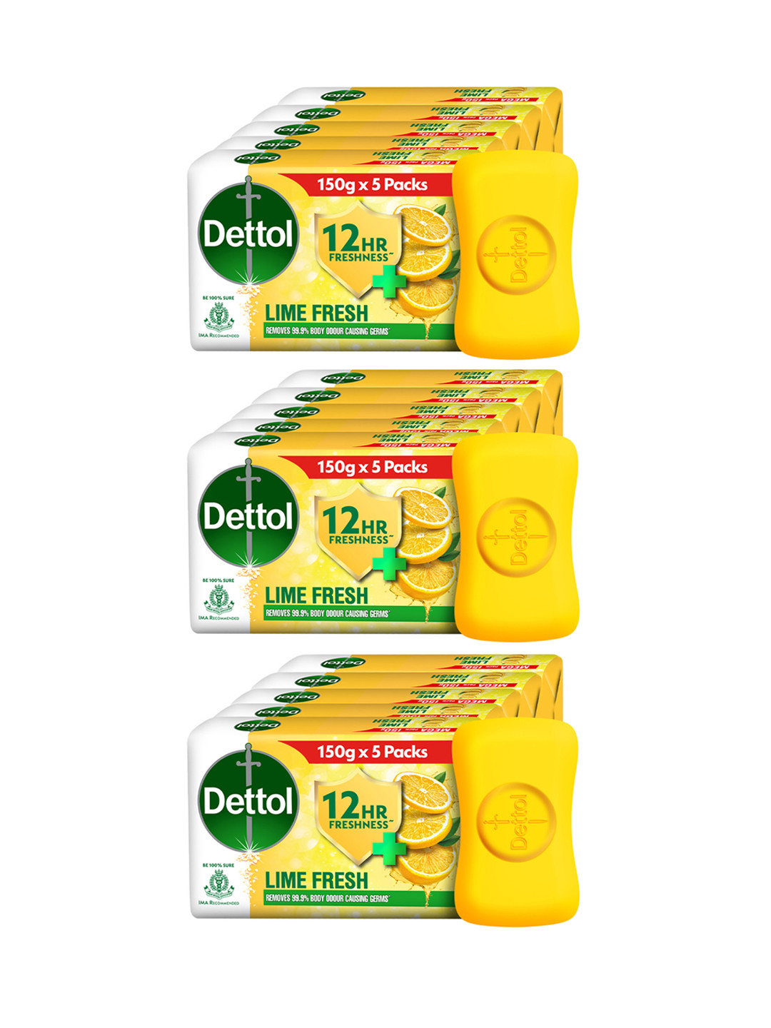 Dettol Set of 3 Lime Fresh Bathing Soap Bar with 12hr Freshness -  150g Each