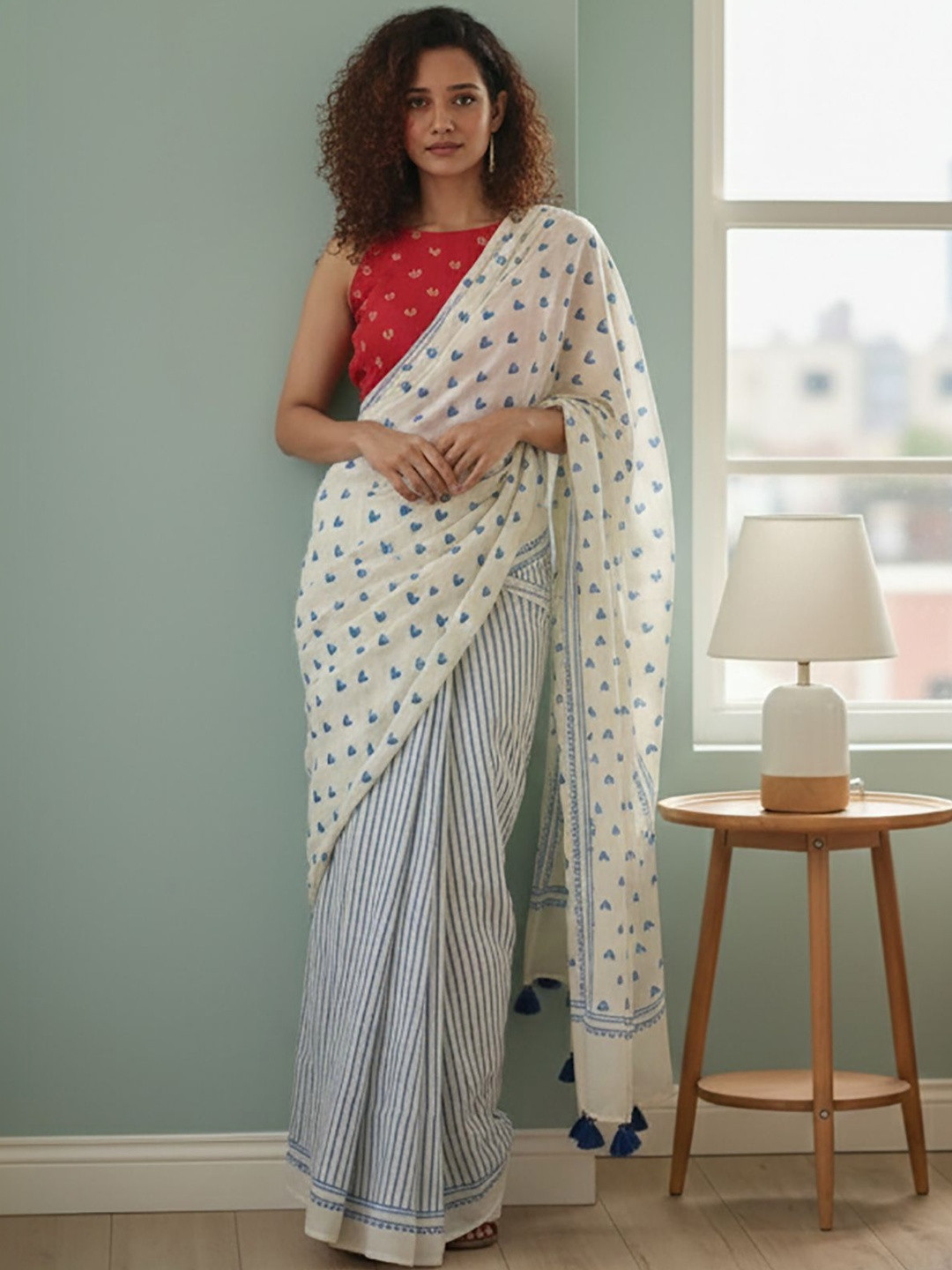 KALINI Linen Blend Block Print Saree