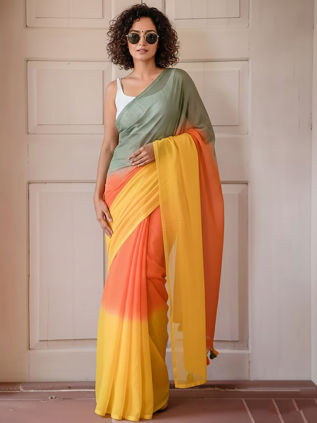 KALINI Tie and Dye Linen Blend Designer Block Print Saree