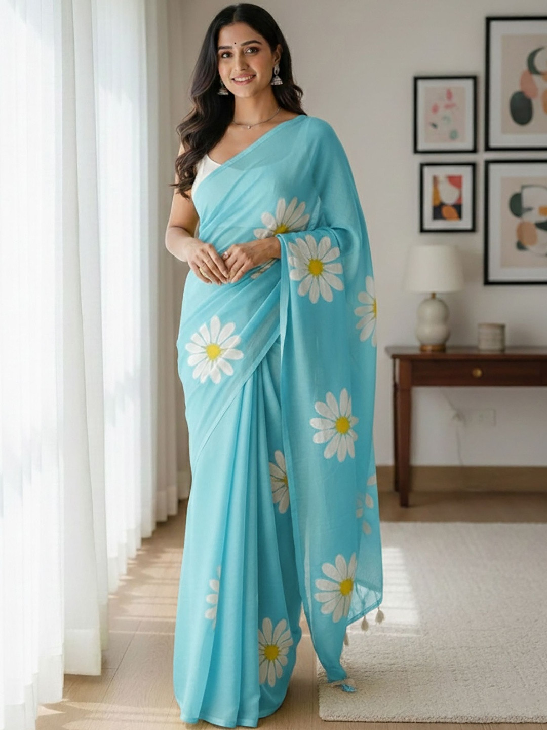 KALINI Floral Linen Blend Designer Block Print Saree