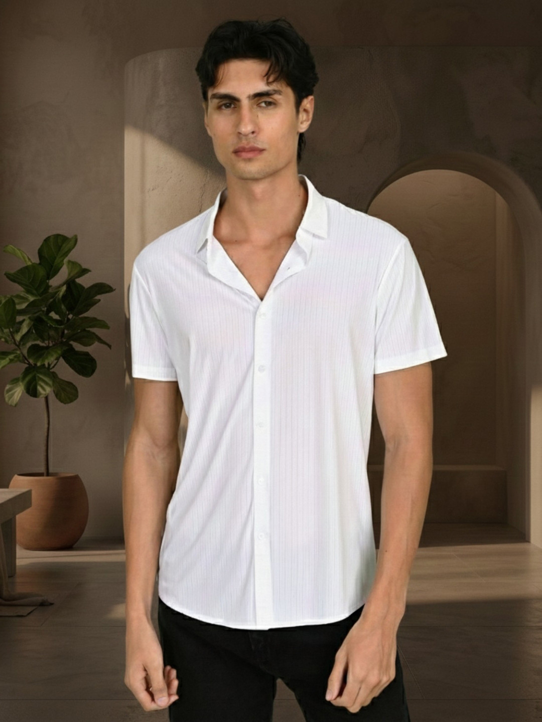FORMAL FACTORY Men Non-Iron Striped Regular Fit-Half Sleeve Shirt