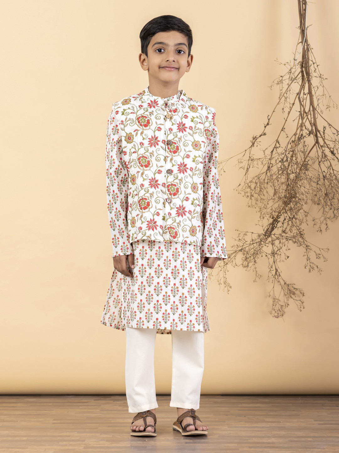 Readiprint Boys Cream-Coloured Floral Cotton Kurta with Pyjamas & Nehru Jacket