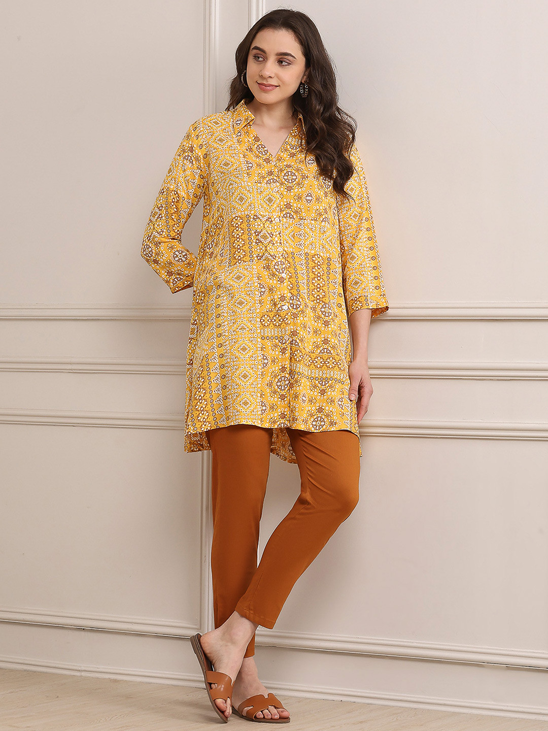Biba Bandhani Printed Shirt Collar A-Line Kurta