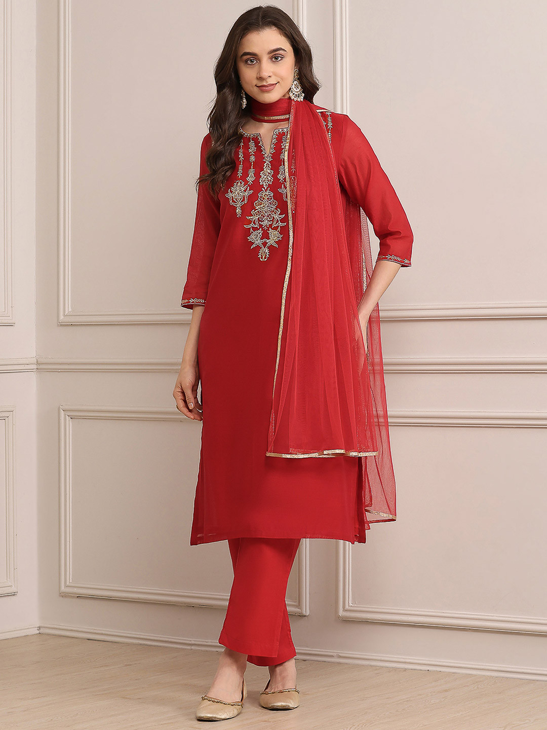 Biba Ethnic Motifs Embroidered Kurta with Trousers & Dupatta