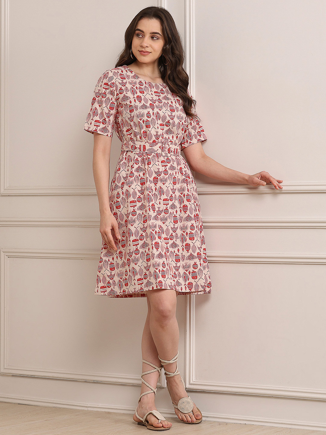 Biba Ethnic Motifs Printed Pure Cotton Kurta With Belt