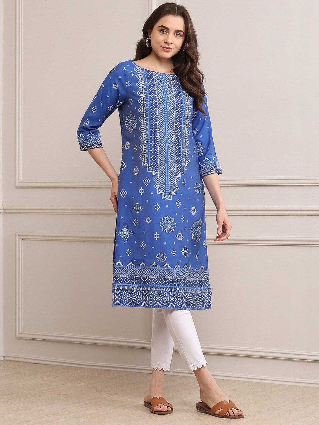 Biba Ehnic Motifs Printed Boat Neck Straight Kurta