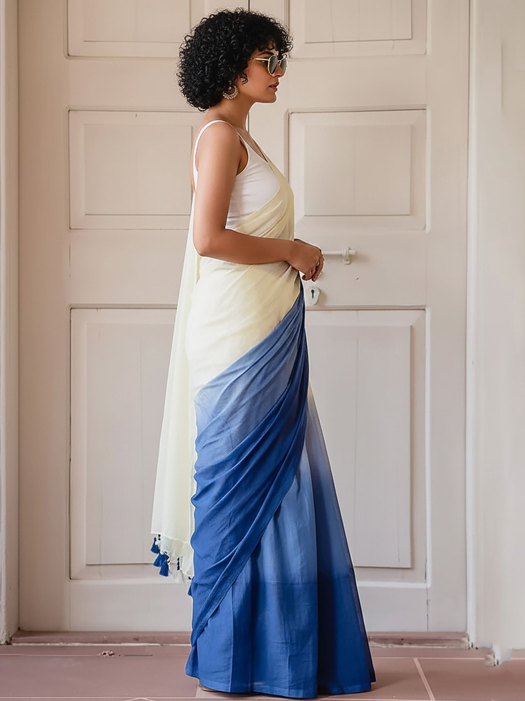 KALINI Ombre Linen Blend Block Print Saree