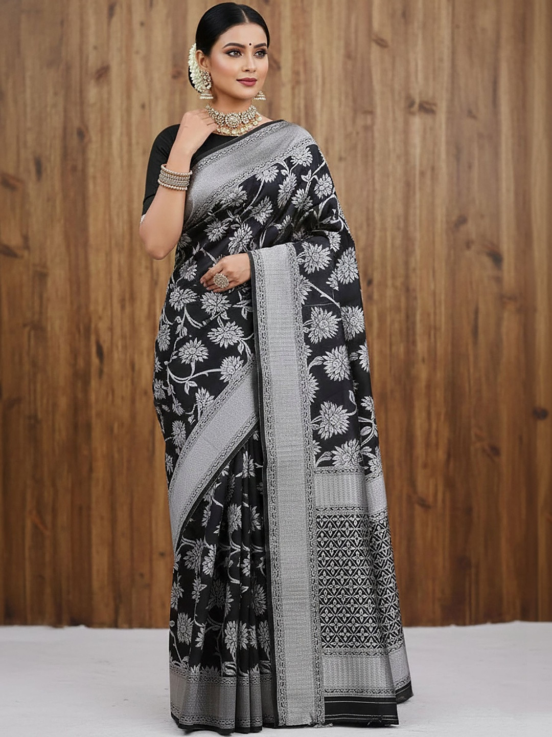 KALINI Floral Zari Silk Blend Banarasi Saree