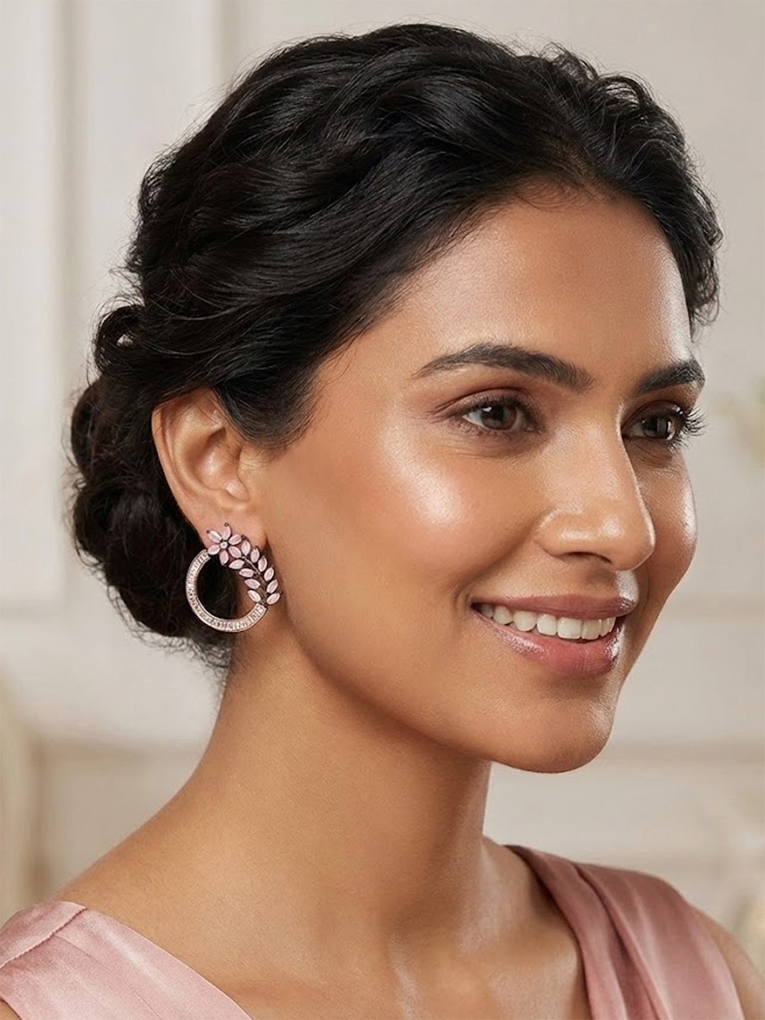 Adwitiya Collection Gold-Plated Pink Stone & Baguette CZ Circular Floral Stud Earrings