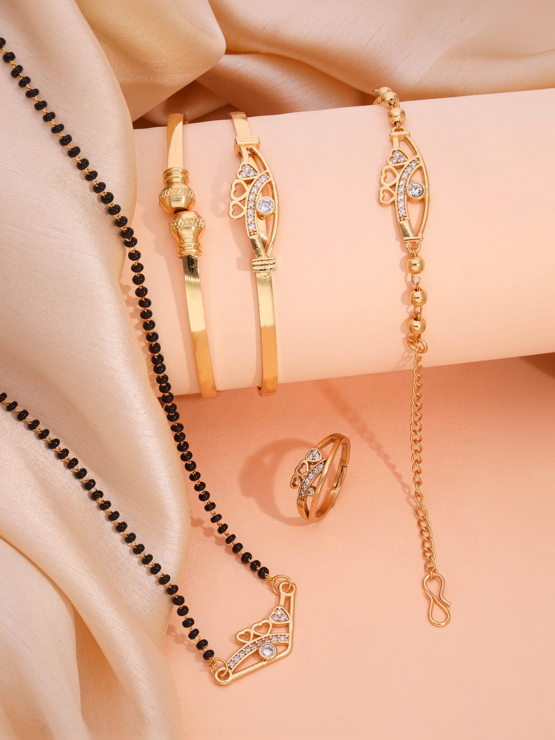 DressBerry 5-Pcs Gold-Plated American Diamond Studded Mangalsutra Bracelet & Ring