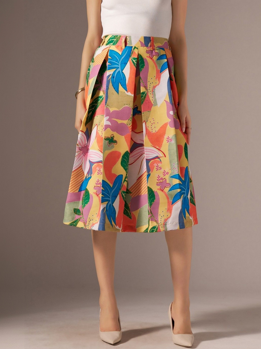 AASK Cotton Midi Flared Pleated Skirt With Belt Loop