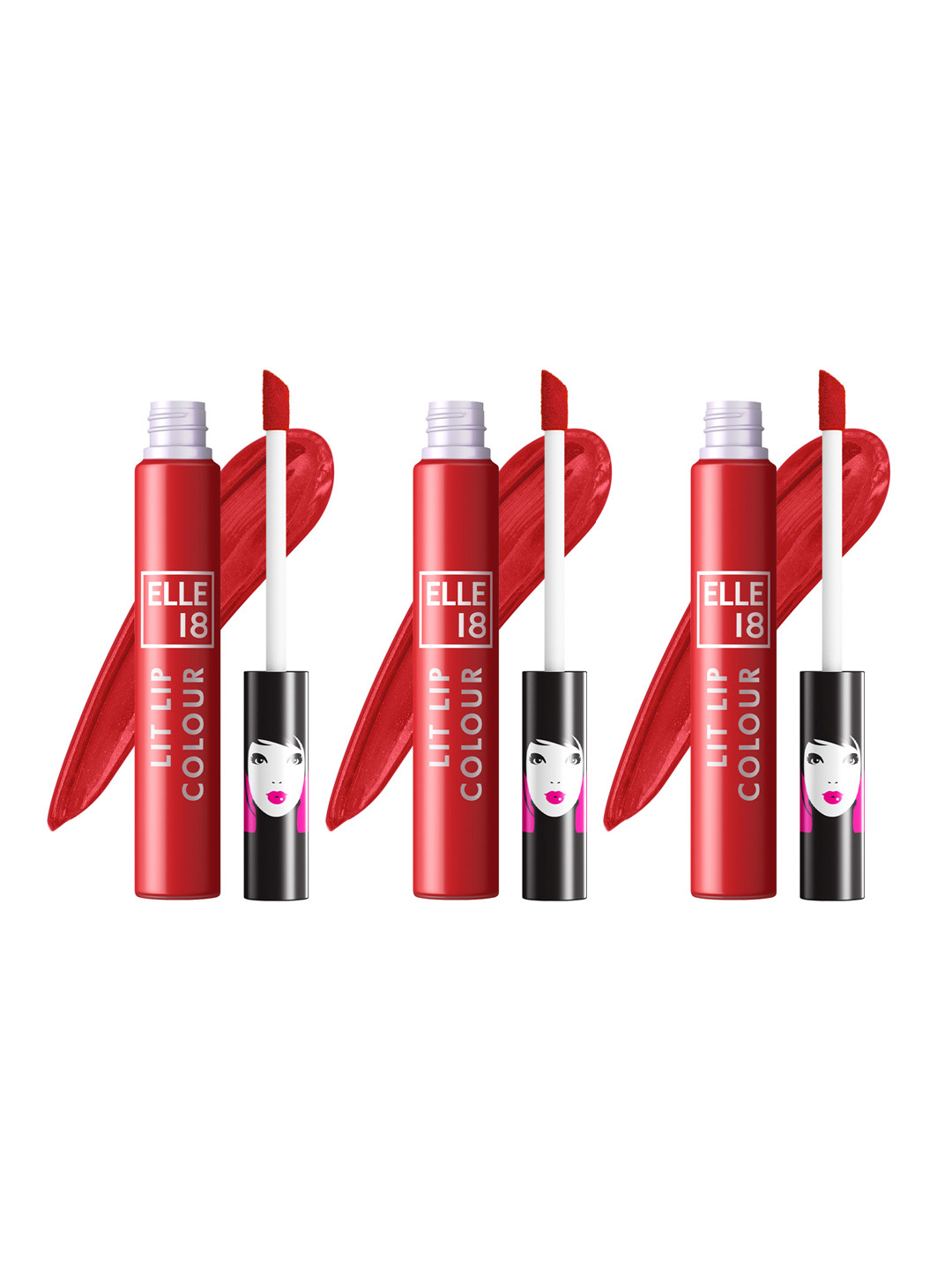 ELLE 18 Set of 3 Lit Lip Matte Finish Smudgeproof Lip Colour 5.6ml each- Rhubarb Red