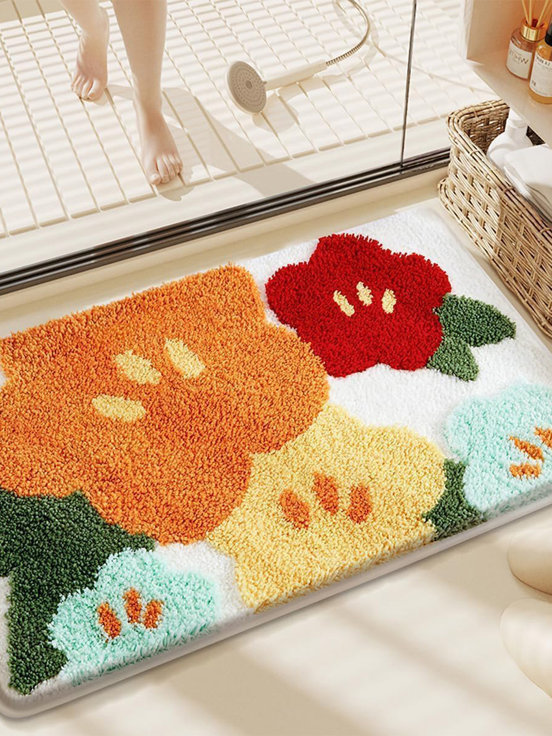 Homio White and Red Floral-Designed Anti-Skid Doormat