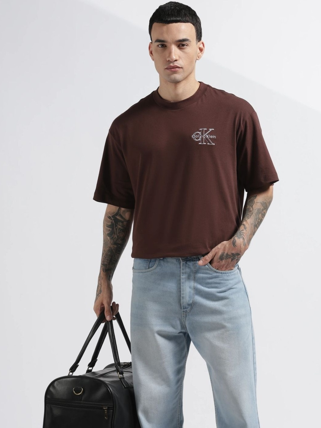 Calvin Klein Jeans Men Brand Logo Printed Drop-Shoulder Sleeves T-shirt