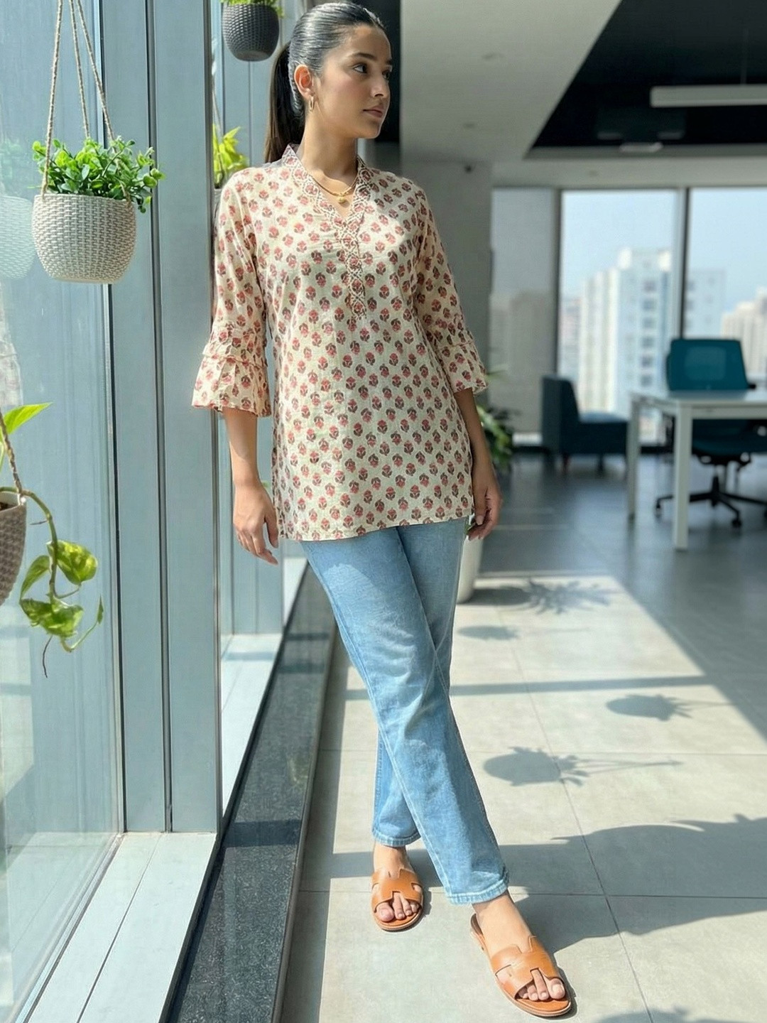 Rajnandini Ethnic Motifs Printed Flared Sleeves Thread Work Pure Cotton Thread Work Kurti