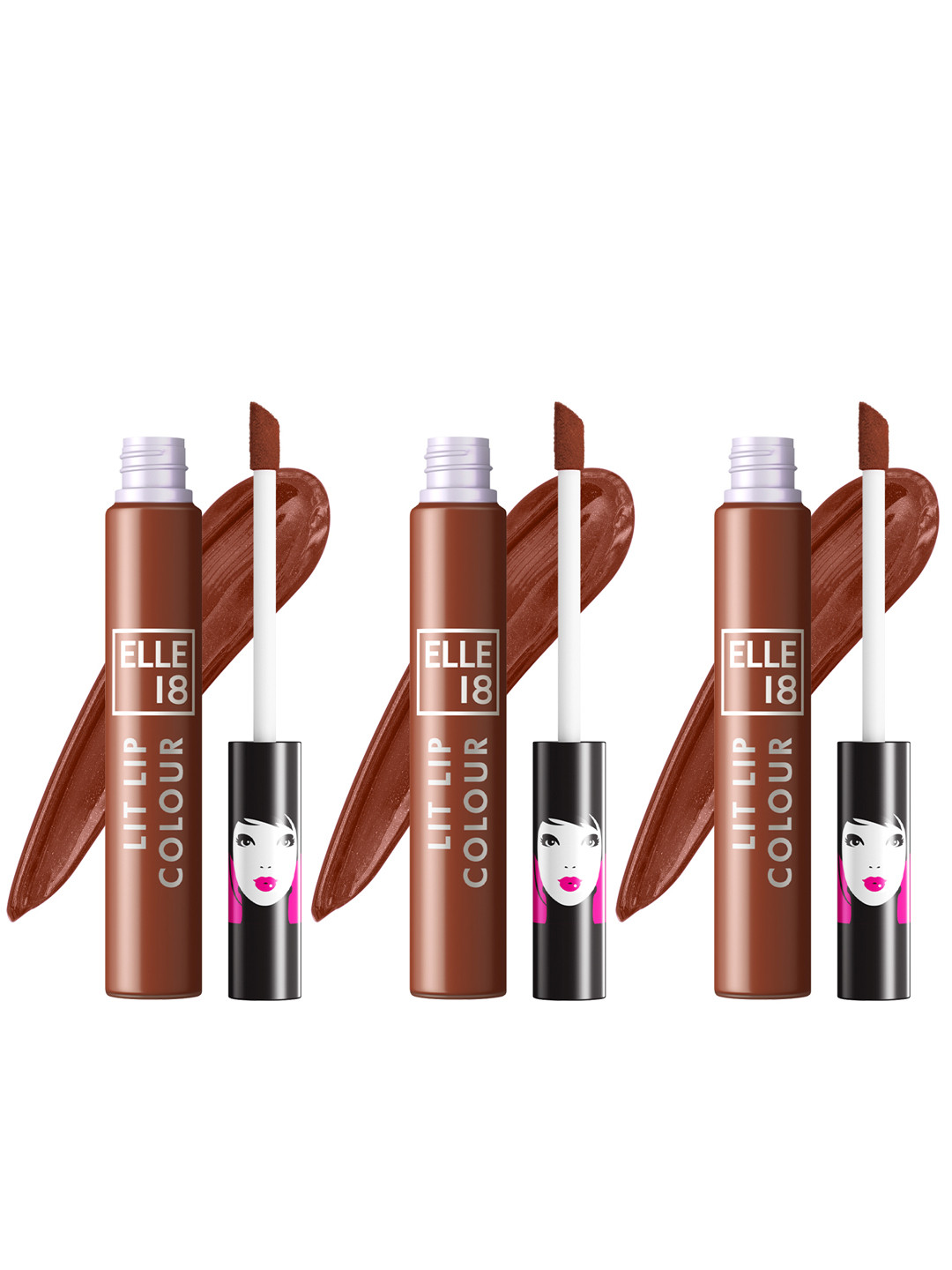 ELLE 18 Set of 3 Lit Lip Matte Finish Smudgeproof Lip Colour 5.6ml each- Nutty Latte