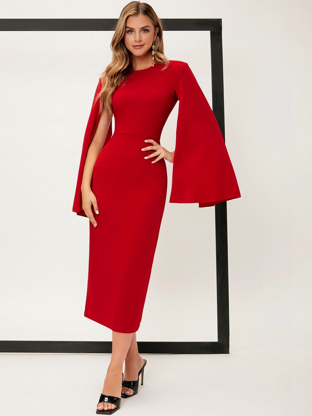 GENZILOOKS Cape Sleeve Organic Cotton Sheath Midi Dress