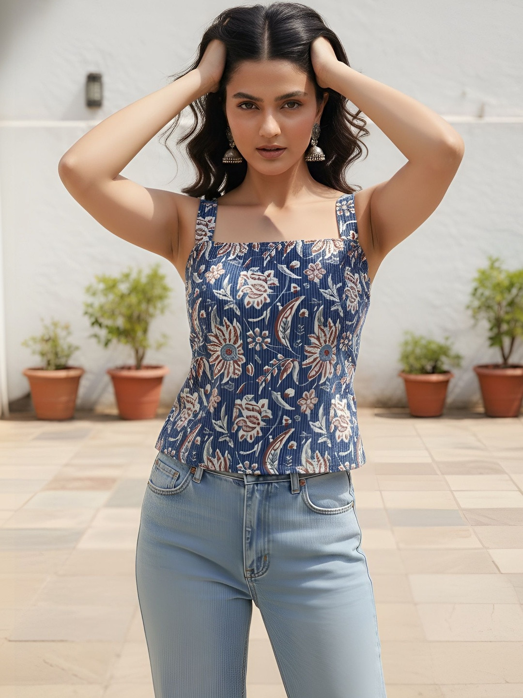 KEIYONA Floral Print Ethnic Cotton Top