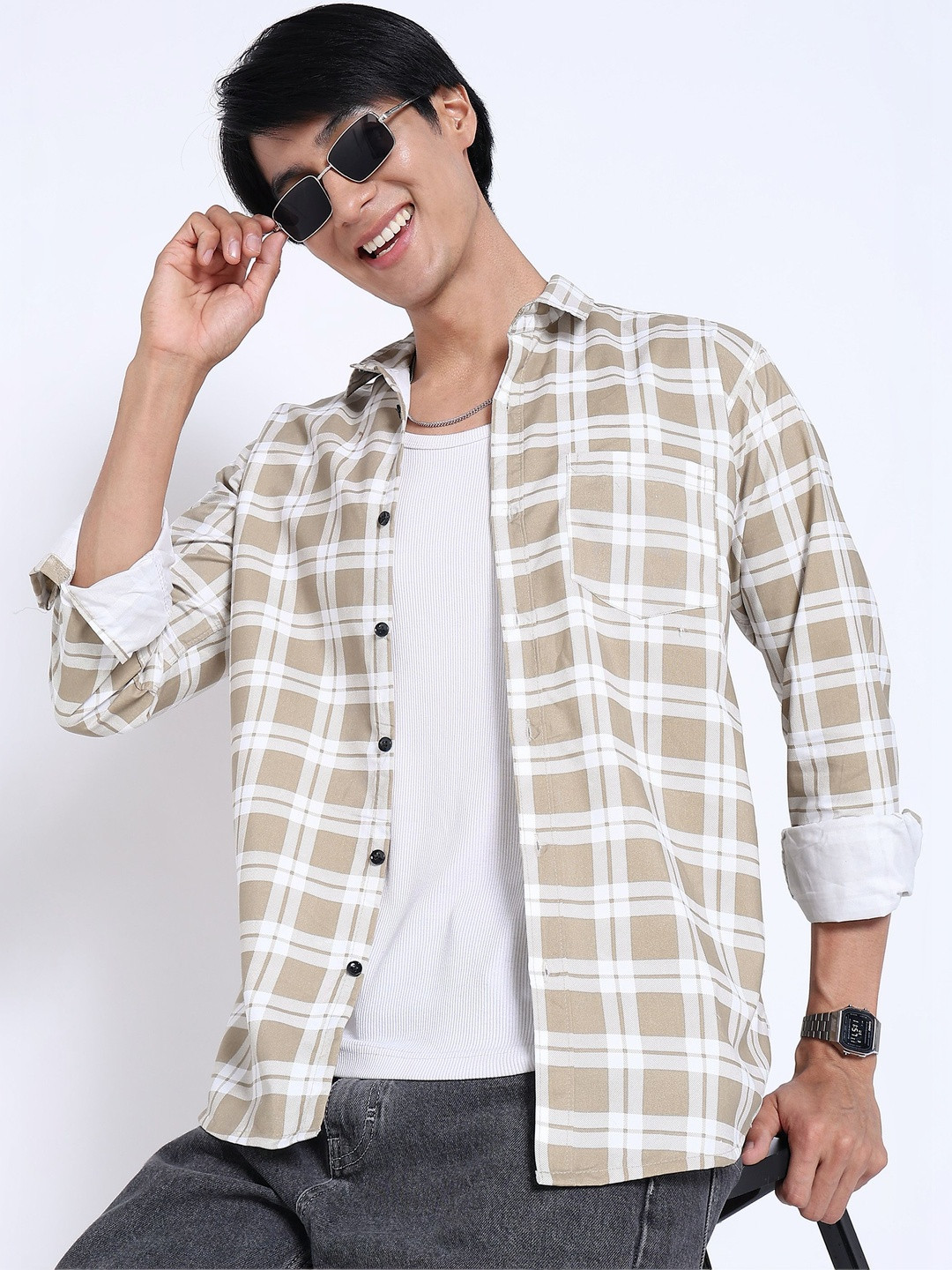RODEIZ Men Regular Fit Windowpane Checked Casual Shirt