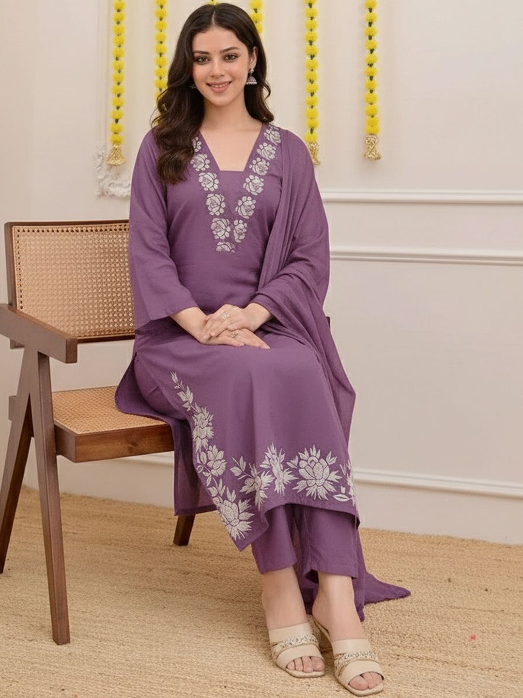 KALINI Women Floral Embroidered Regular Thread Work Kurta with Trousers & With Dupatta