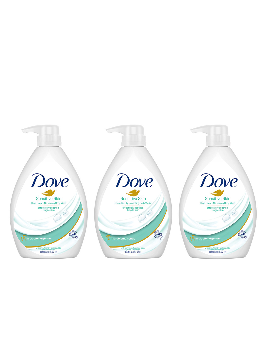 Dove Set of 3 Microbiome Gentle Nourishing Body Wash for Sensitive Skin - 1L Each