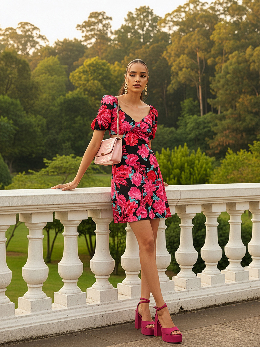 bebe Dose of Vitamin Floral Printed Backless Sheath Mini Dress