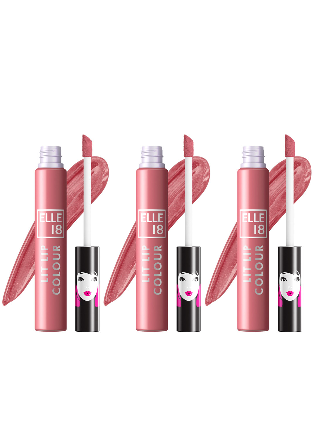 ELLE 18 Set of 3 Lit Lip Matte Finish Smudgeproof Lip Colour 5.6ml each- Nude Pump